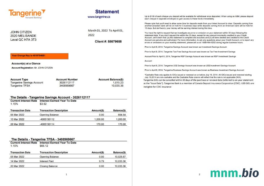 Canada Tangerine wyciąg bankowy szablon Worda i PDF